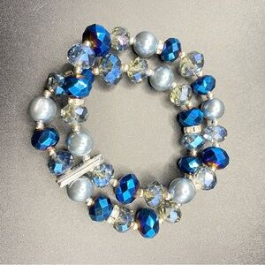 Sparkly Blue Rhinestone Faceted Glass Beads Double Strand Stretch Bracelet